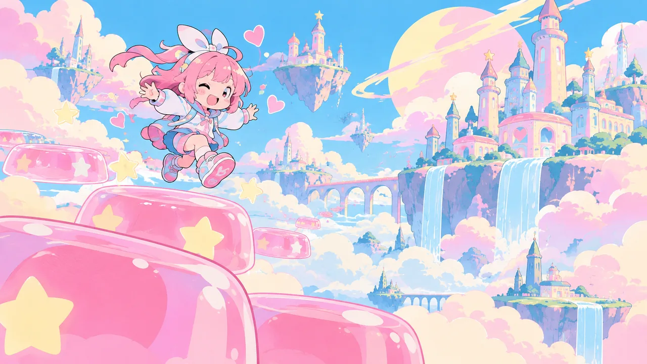 A pastel cloud kingdom with candy towers, an original chibi character bouncing on a jelly platform, sparkles and hearts as flat shapes.