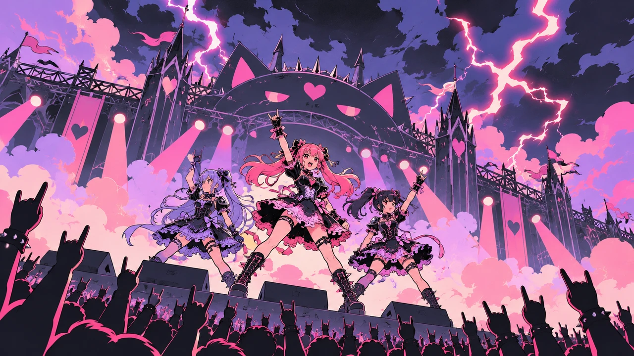 An idol trio in lace and armour on a candy-coloured stage with lightning behind