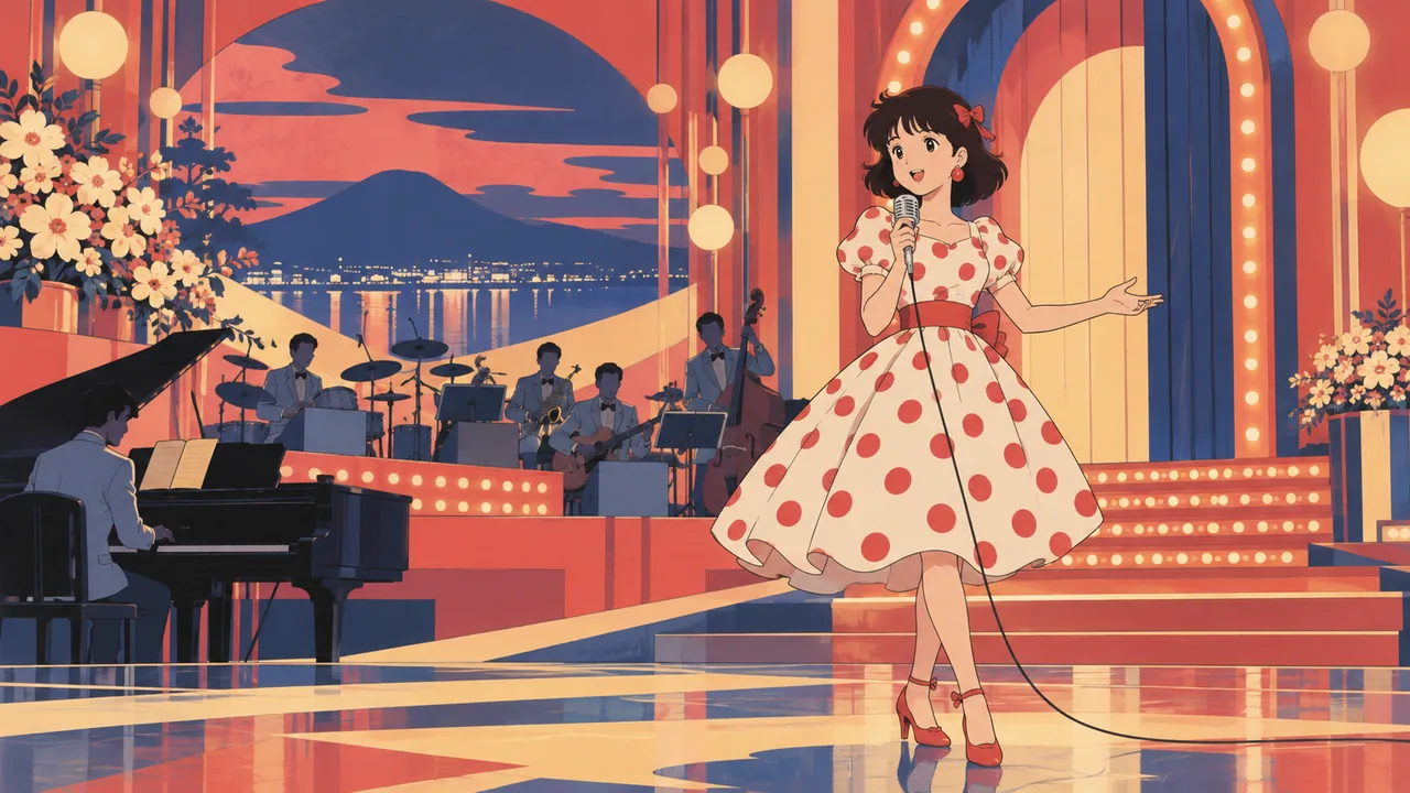 A Showa-era TV music show stage, an original singer in a polka-dot dress with a microphone, retro set.