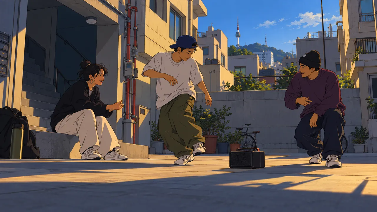 Figures gathered around a speaker in a concrete courtyard, slanting sunlight