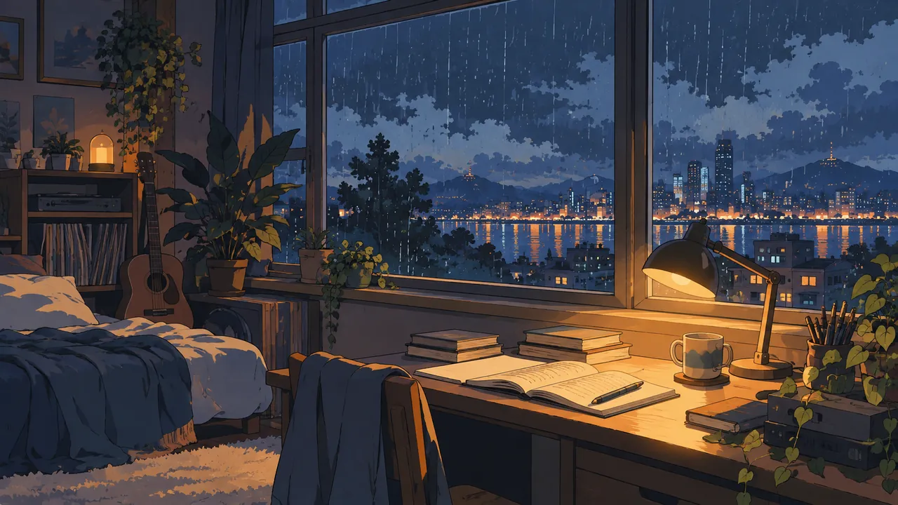 A room at night with a desk lamp lighting a book beside a rainy window