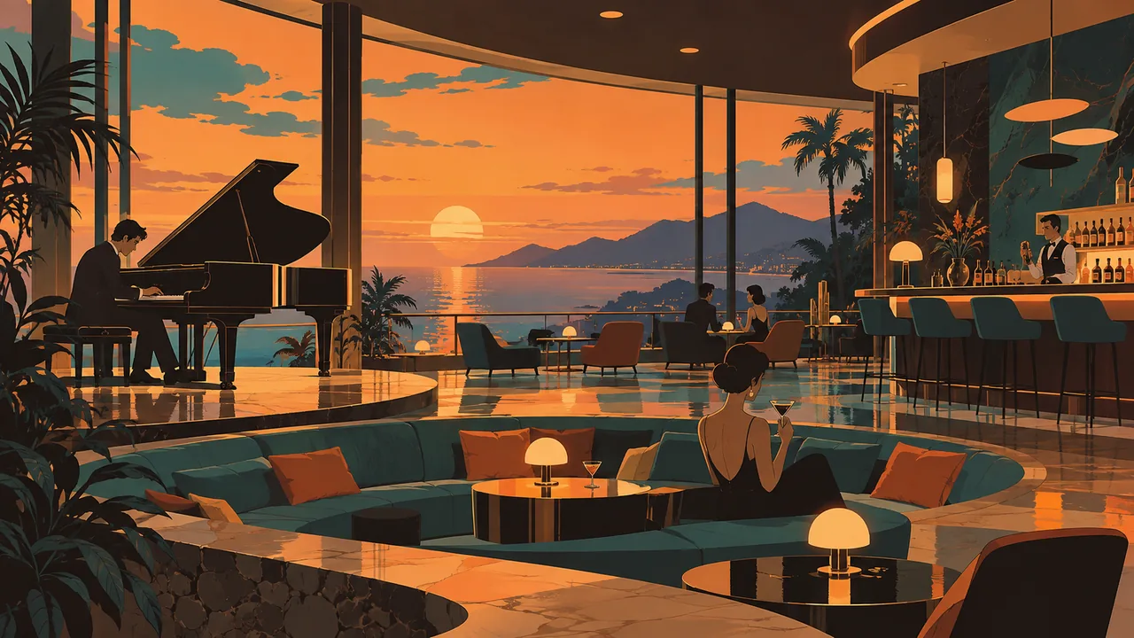 A mid-century modern hotel lounge, sunken seating, an original pianist and a cocktail bar in warm lamplight.