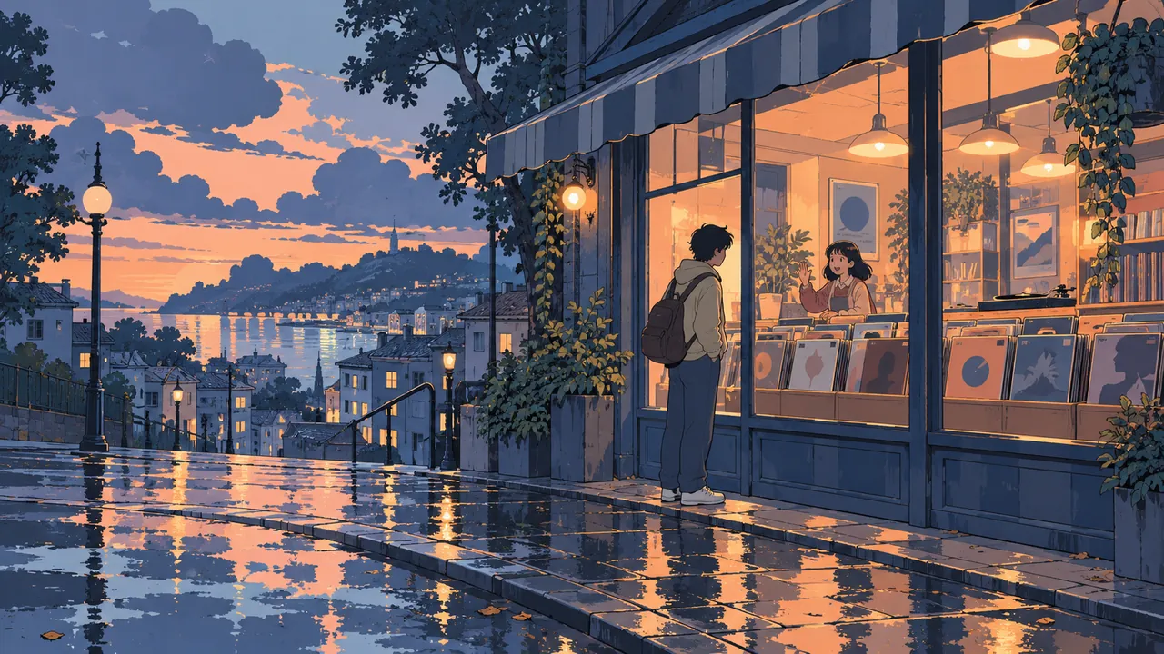 A record shop on a street corner after rain, where two old friends recognise each other through the glass.