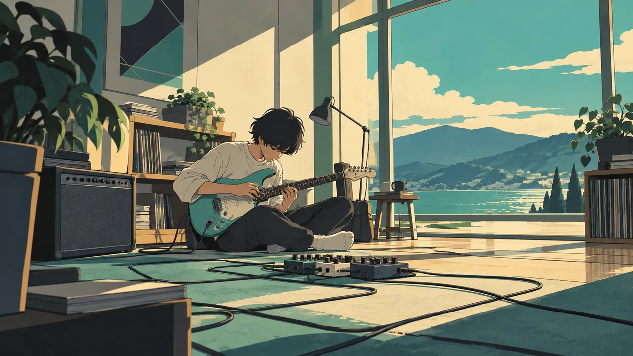 A sunlit minimal rehearsal room, tidy cables forming geometric patterns, an original guitarist tapping, angular shadows.