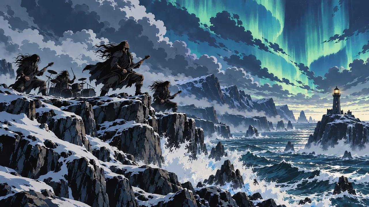 A stormy Nordic coast with jagged cliffs and a lone lighthouse, an original band silhouetted on a ledge, sharp aurora bands over a dark sea.