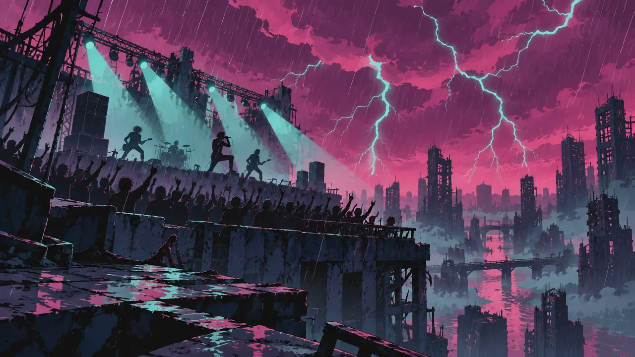 A rooftop in a ruined city, a crowd raising their arms in a downpour, a magenta sky split by lightning behind them.