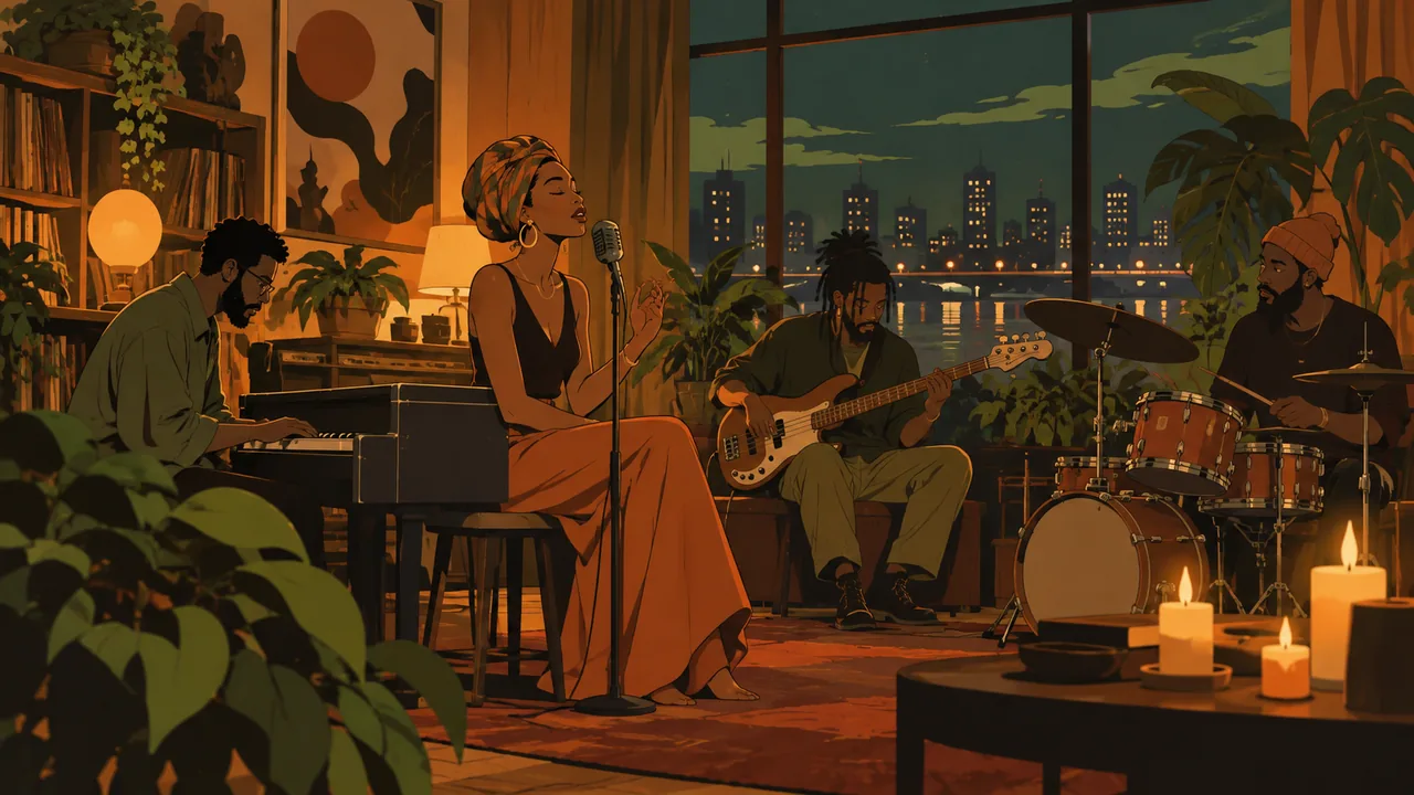 A warm living-room jam at night, an original singer in a headwrap beside an electric piano, candles and plants.