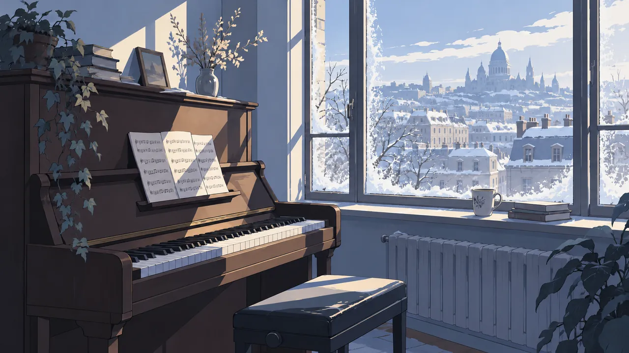 An empty apartment on a winter morning, an upright piano against a frosted window, snowy city rooftops outside, pale blue light on the keys.