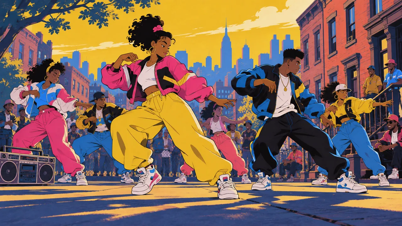 A late-'80s city block party, original dancers in bright windbreakers doing synchronized moves, boombox and brownstones.