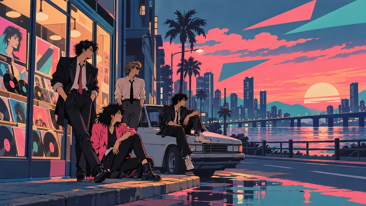 An early-'80s street at dusk by a record shop, original musicians with sharp haircuts beside a boxy car, geometric shapes in the sky.