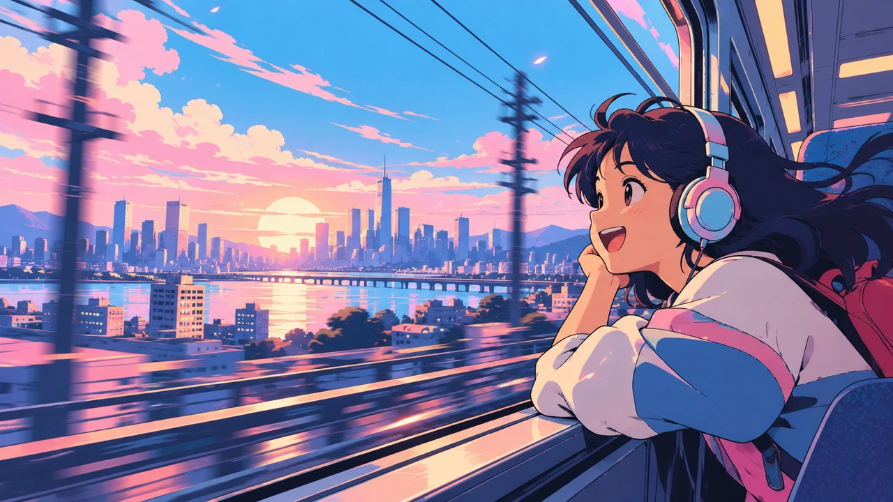 A city at sunrise from a speeding train window and a girl in big headphones
