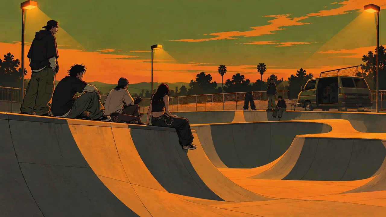 A late-'90s skate park under sodium lights, baggy-clothed original teens on the rim, chain-link fence and a van with speakers.
