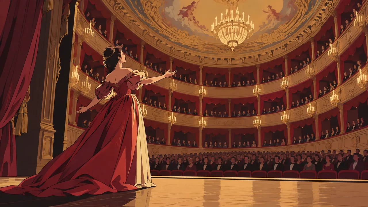 A grand opera house from the stage, tiers of red boxes, an original soprano in a gown singing to the audience.