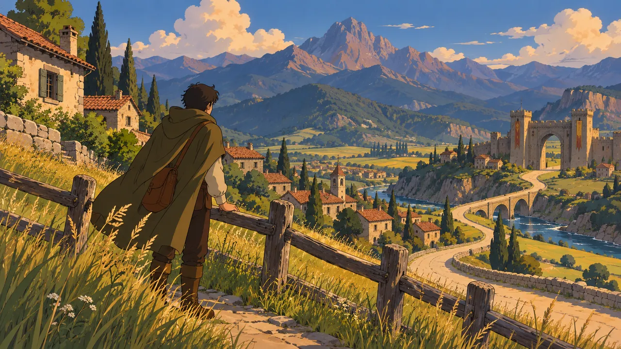 A traveller paused by a valley road, a nearby village connected to a distant stone gate