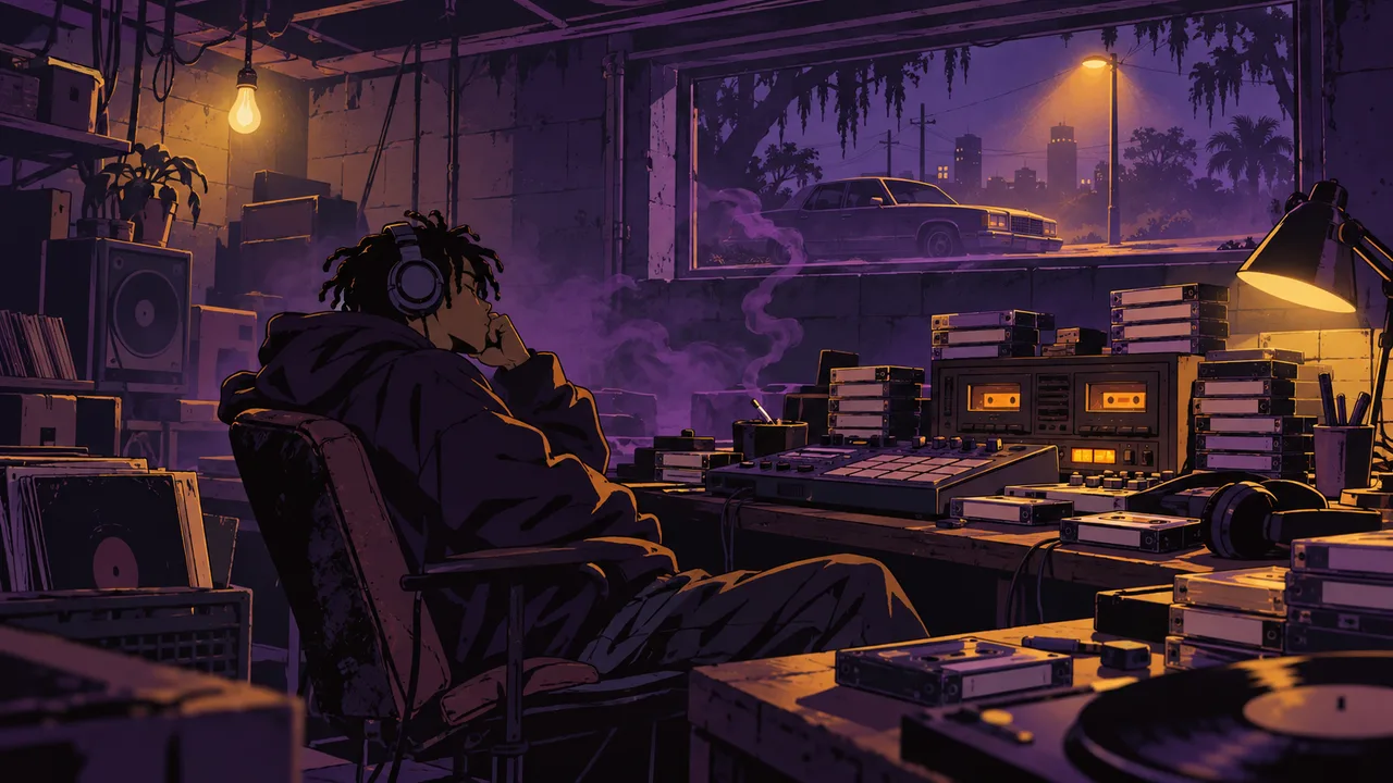 A small late-night basement studio, hand-labelled cassettes and a dual tape deck on the desk, an original producer slumped in a chair with headphones, an old sedan under a streetlight outside, purple haze drifting.