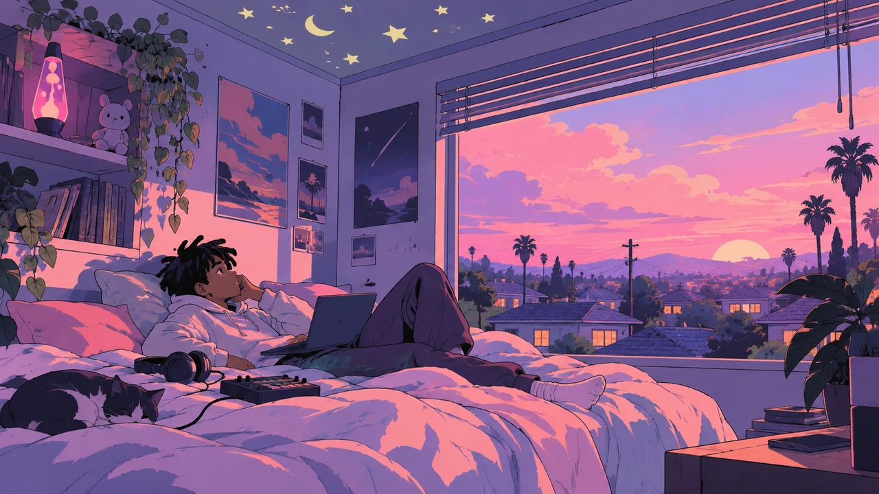 A young producer with a laptop on a bed in a pastel bedroom at dusk