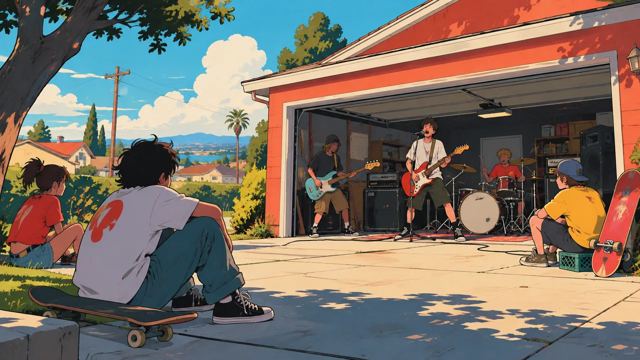 A sunny suburban driveway in summer, an original band playing in an open garage, skateboards and kids on bikes.