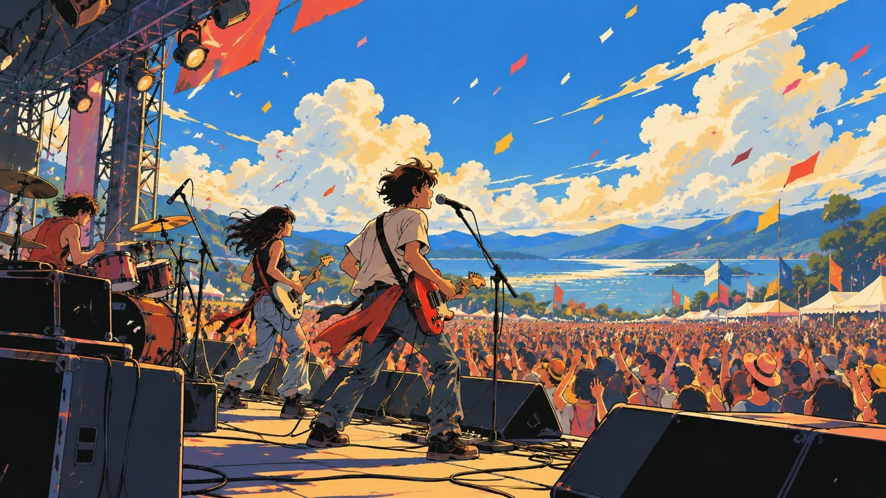 A sunny summer festival stage from the side, an original band with bright guitars, a waving crowd, confetti-like clouds.