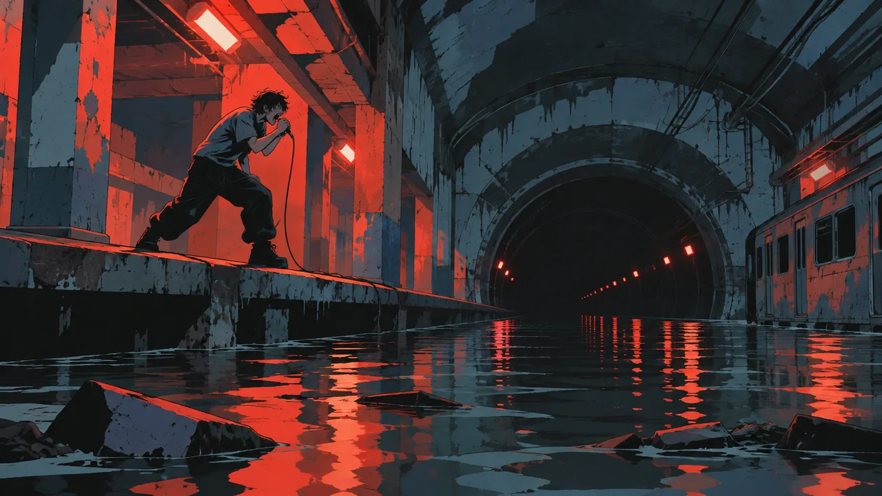 A flooded abandoned subway station lit by emergency lights, an original singer screaming from the platform into a dark tunnel.