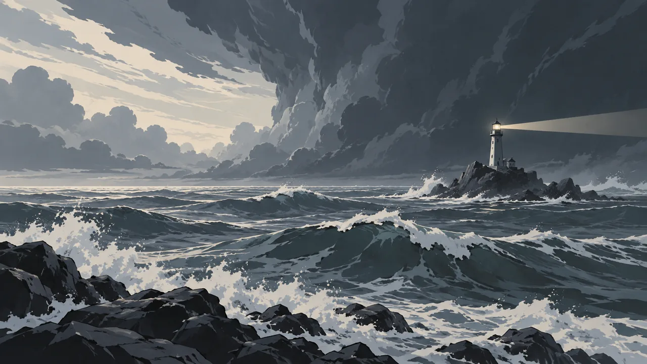An endless grey ocean under a towering storm front, a tiny lighthouse on a rock, slow massive waves as layered flat bands.