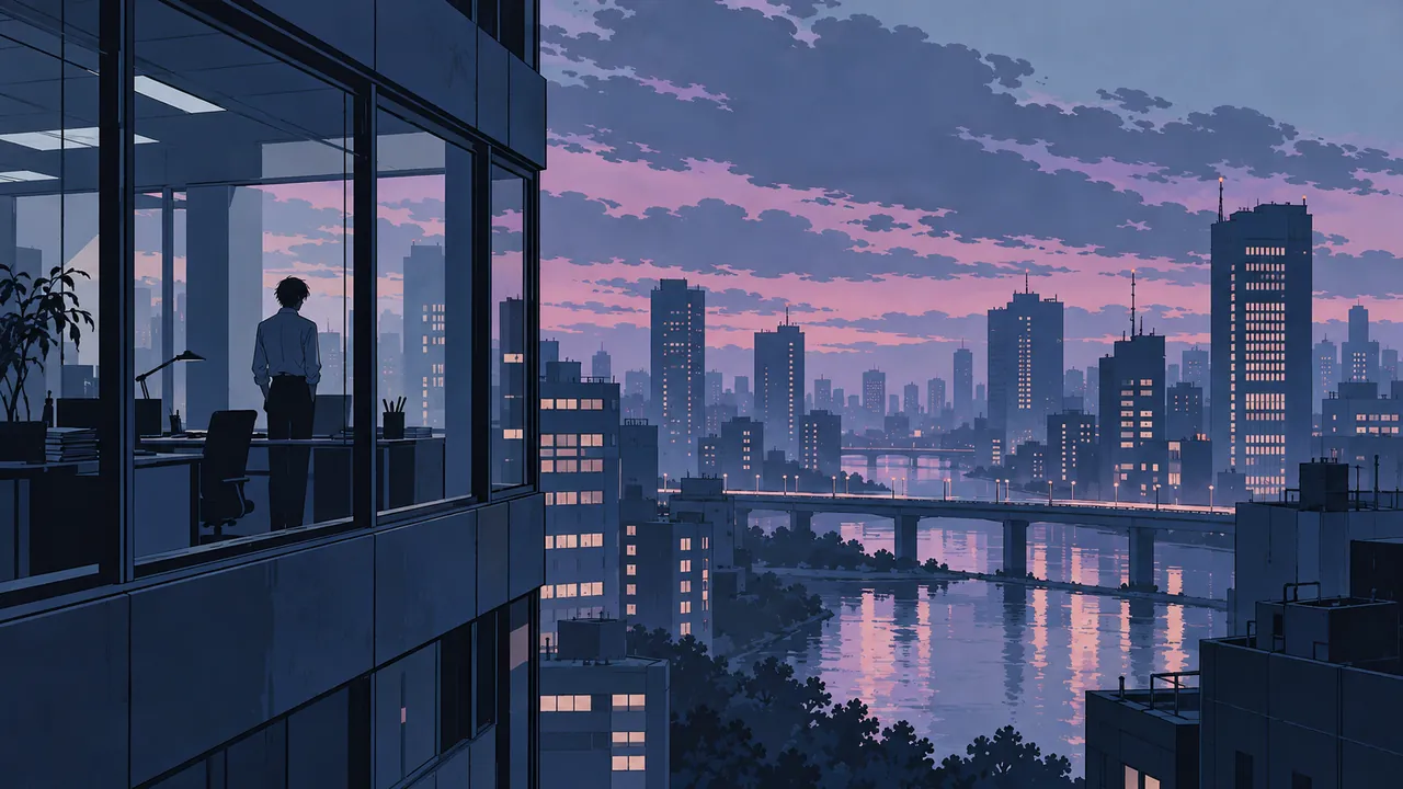 An empty office in a grey-blue city and a lonely figure behind the glass