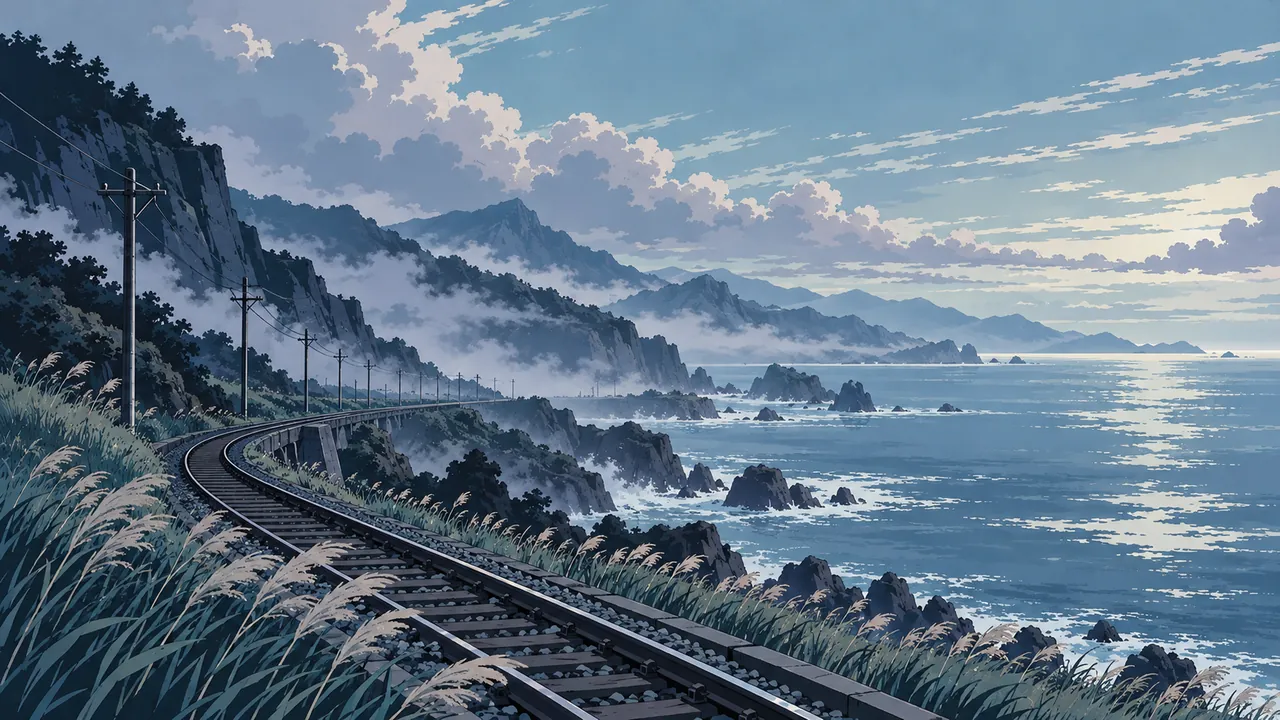 A long coastline where a railway disappears into fog and grass moves in the wind