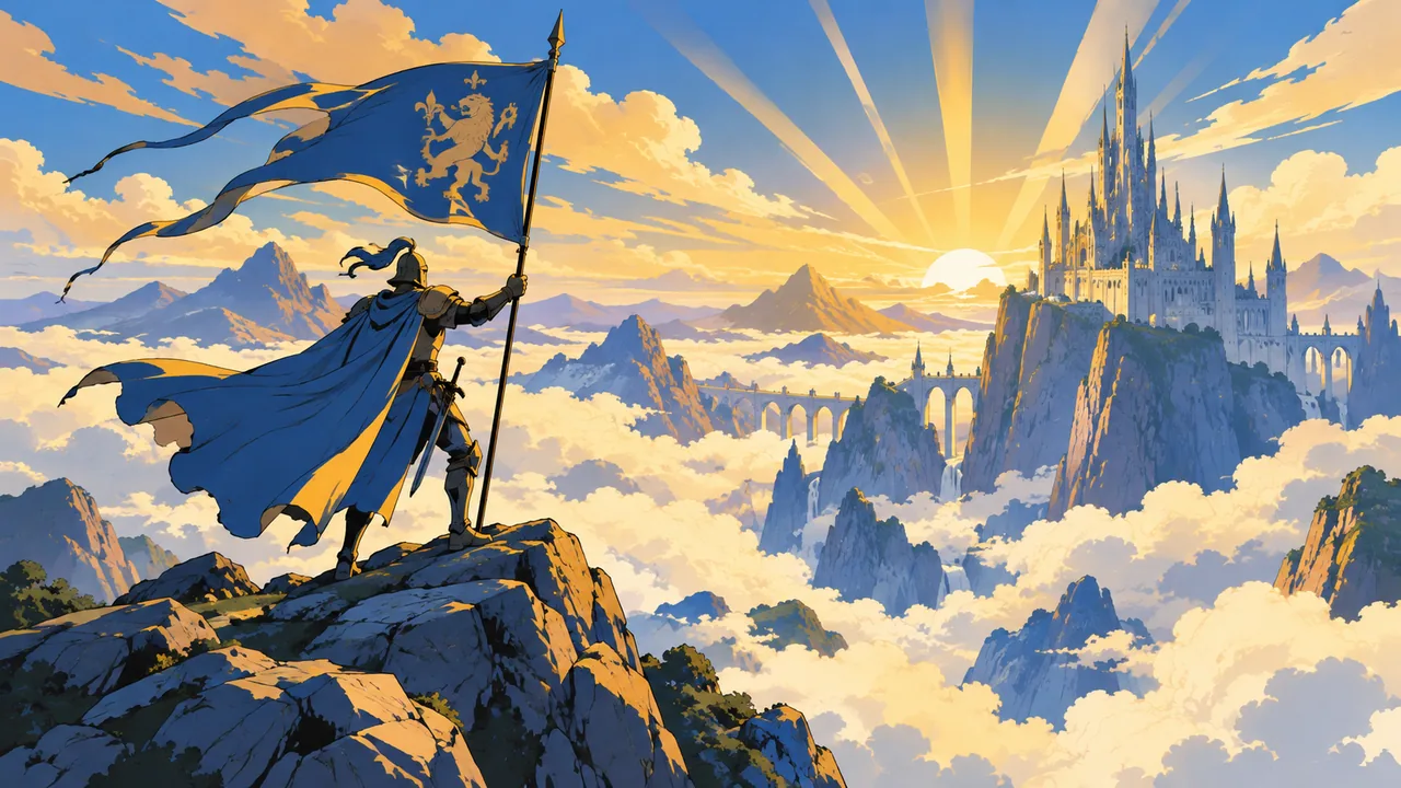 A heroic mountain pass at sunrise, an original knight raising a banner over a sea of clouds, distant castle spires, golden rays.