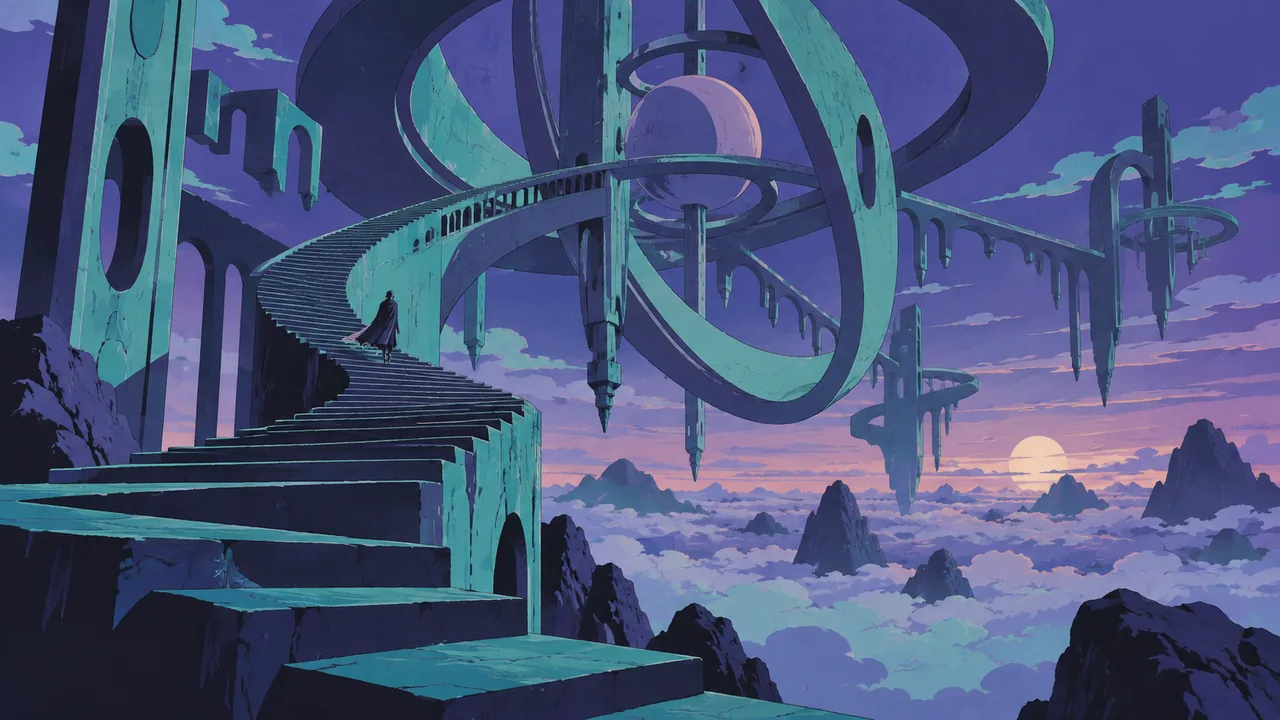 An impossible geometric megastructure in a twilight sky, interlocking rings and stairways, a tiny figure climbing a spiral.