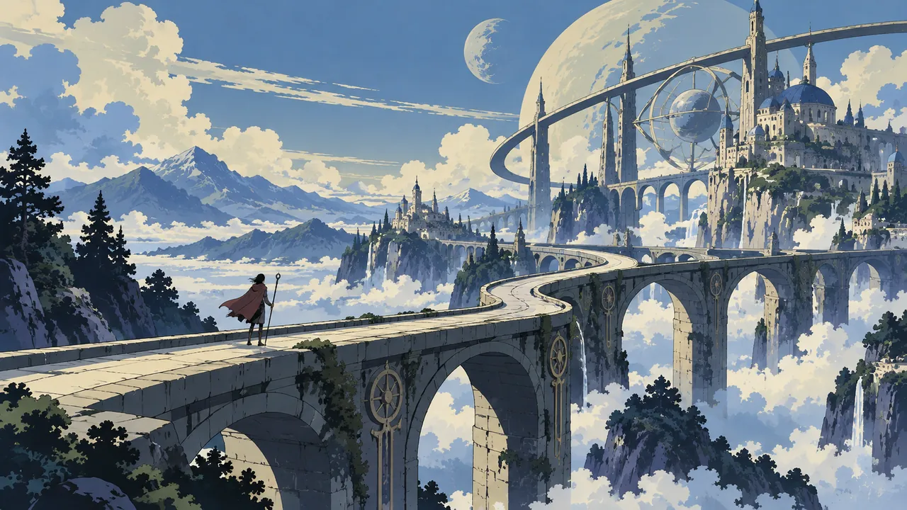 A vast forking stone bridge leading to astronomical machinery, an ancient city and wilderness