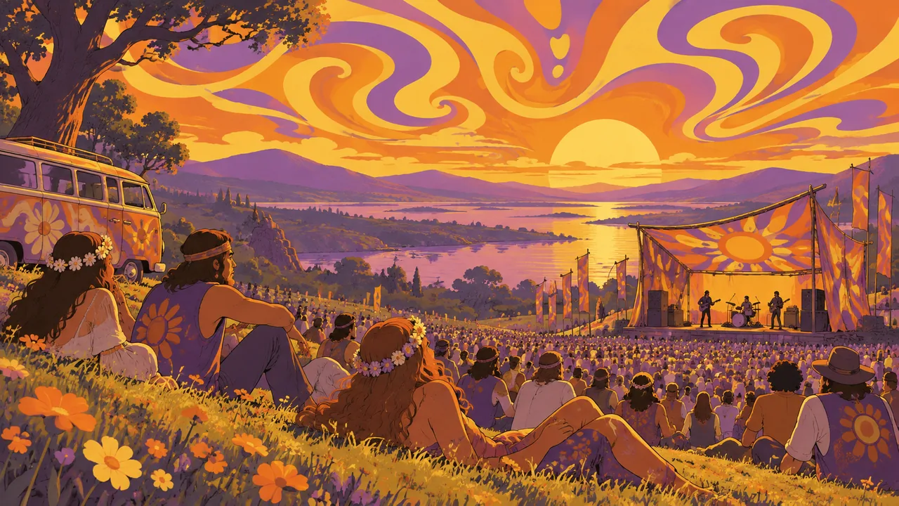 A '60s hillside concert, swirling flat paisley-like clouds, flower-crowned original audience and a colourful bus.