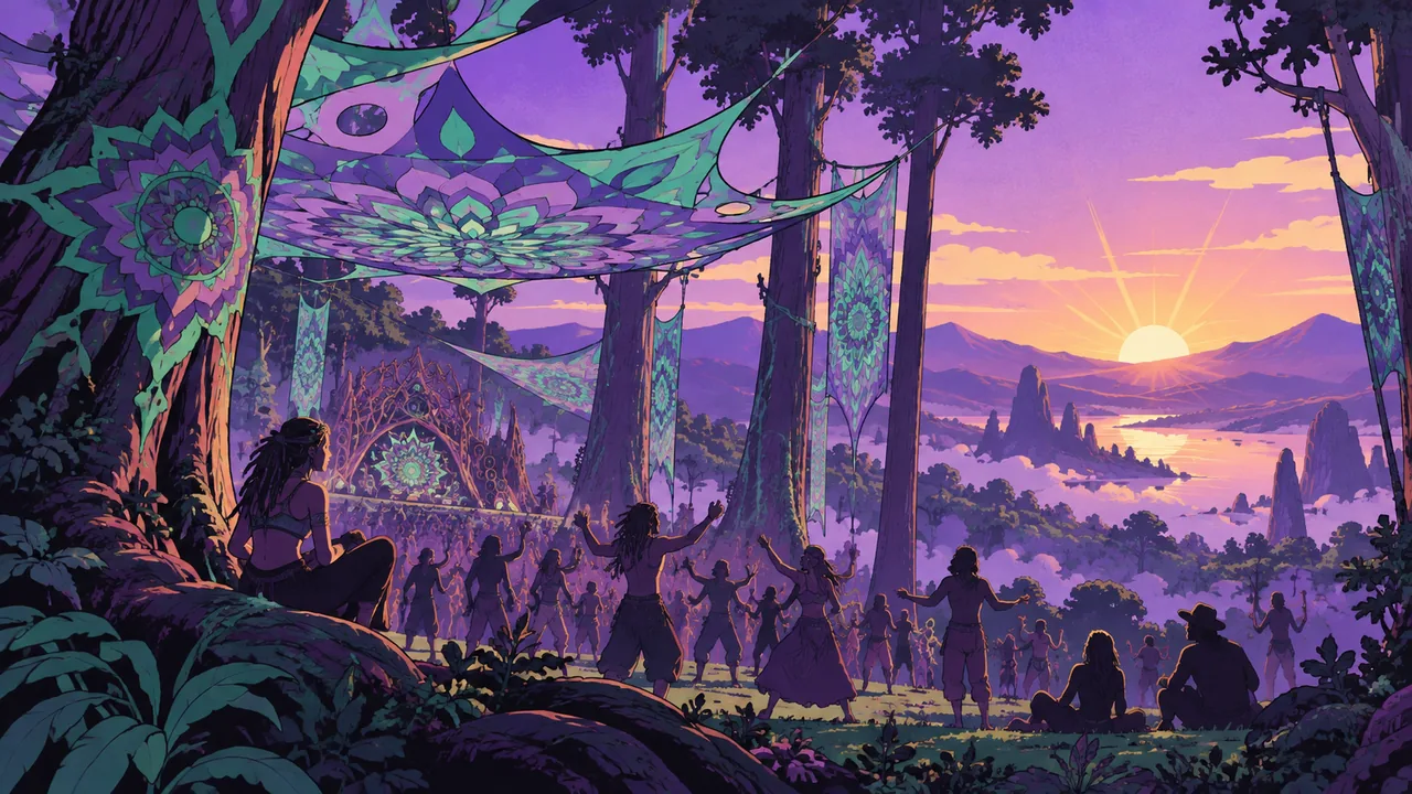 A forest festival at dawn, giant flat fractal mandala decorations among ancient trees, dancers, sunrise behind the hills.