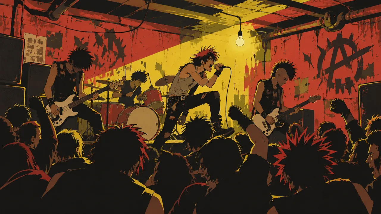 A cramped basement show, the band squeezed on a low stage before a graffiti wall, crowd silhouettes pogoing, one bare bulb swinging.