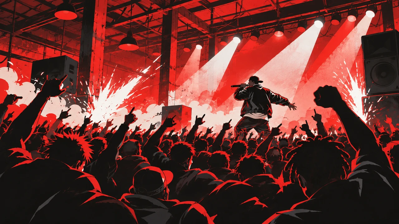 An underground warehouse show with a stage under red strobes and a moshing crowd in silhouette