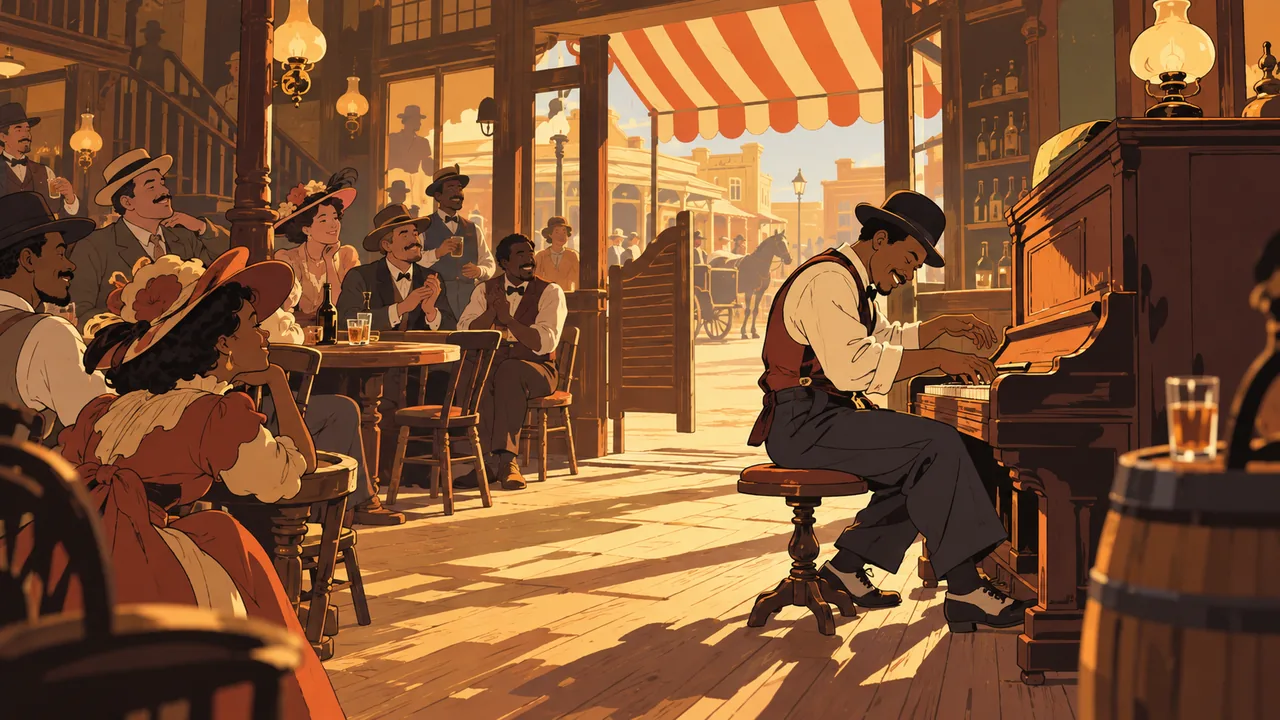 An early-1900s saloon with a striped awning, an original pianist in a bowler hat and suspenders bouncing at an upright, patrons tapping their feet.