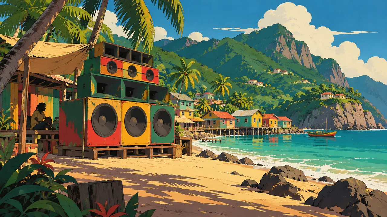 A Caribbean seaside afternoon, colourful wooden houses and palm trees below green hills, a huge street sound system standing on the sand.