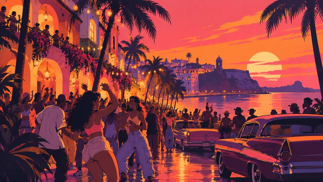 A summer-night street party in a tropical city, colourful neon signs and palm trees, a crowd dancing in humid pink-orange light.