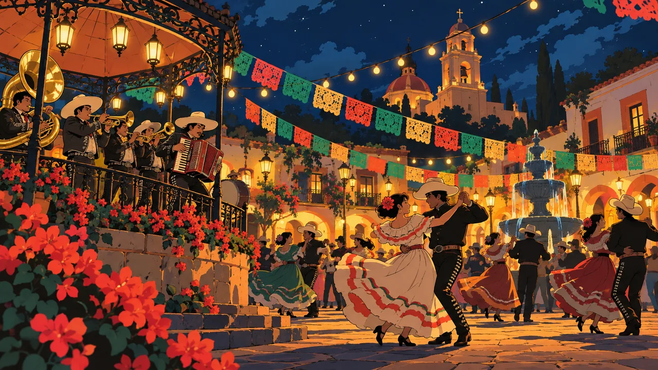 A colourful Mexican town plaza at night with papel picado, an original banda and norteño accordionist playing, couples dancing under string lights.
