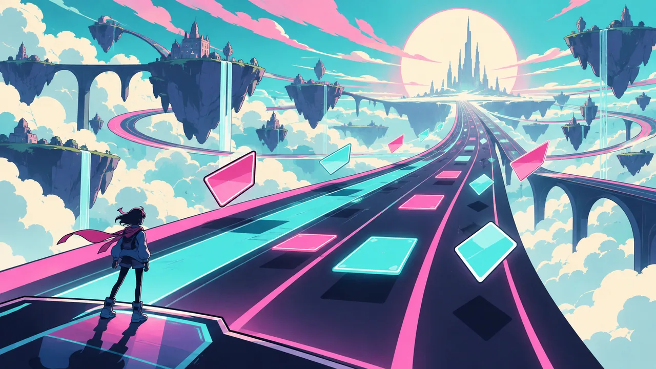 An abstract arcade-dream highway of coloured lanes flowing to a bright horizon, original note shapes flying, a tiny player silhouette at the start.