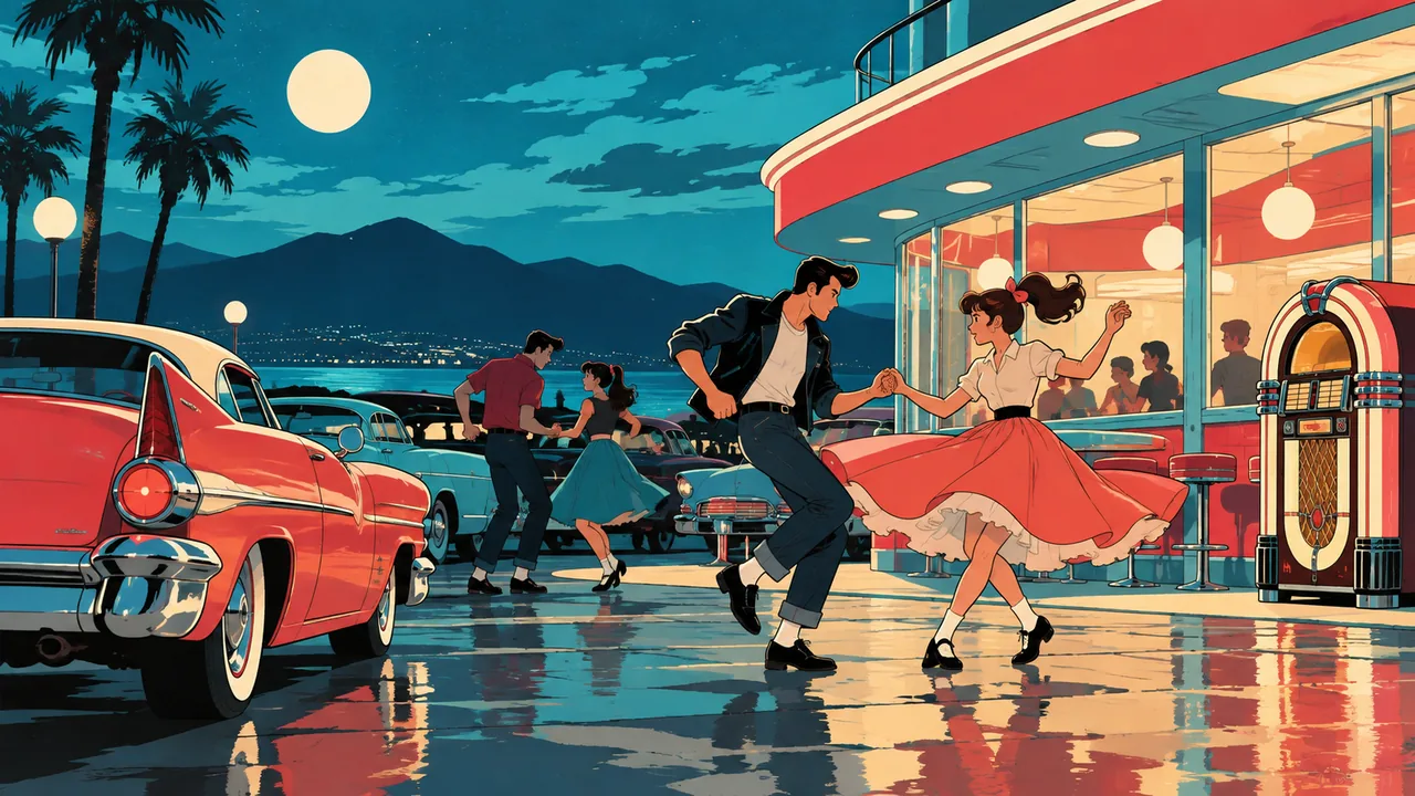 A '50s diner and jukebox at night, original teens dancing by a classic car, pompadours, chrome and pastels.