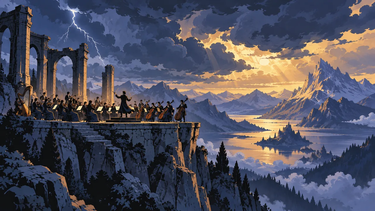 A storm over a dramatic mountain landscape, a full original orchestra on a cliff-top stage, swirling clouds.