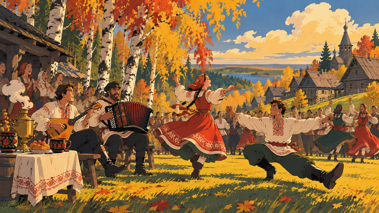 A wooden village festival in a birch clearing, original musicians on balalaika and accordion, dancers in embroidered shirts spinning and squat-kicking, a samovar on the table.