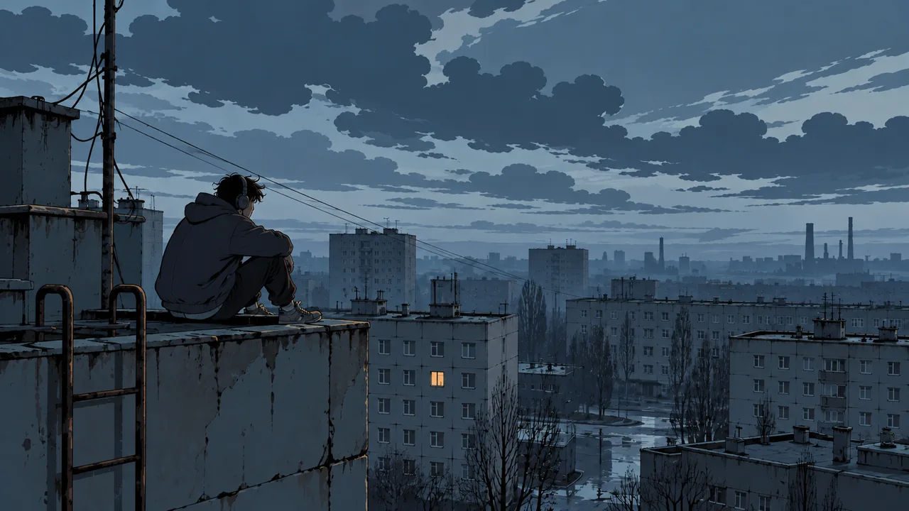 A grey concrete apartment block at dusk, one lit window, an original lonely figure with headphones on the rooftop edge, power lines and a cold cyan sky.