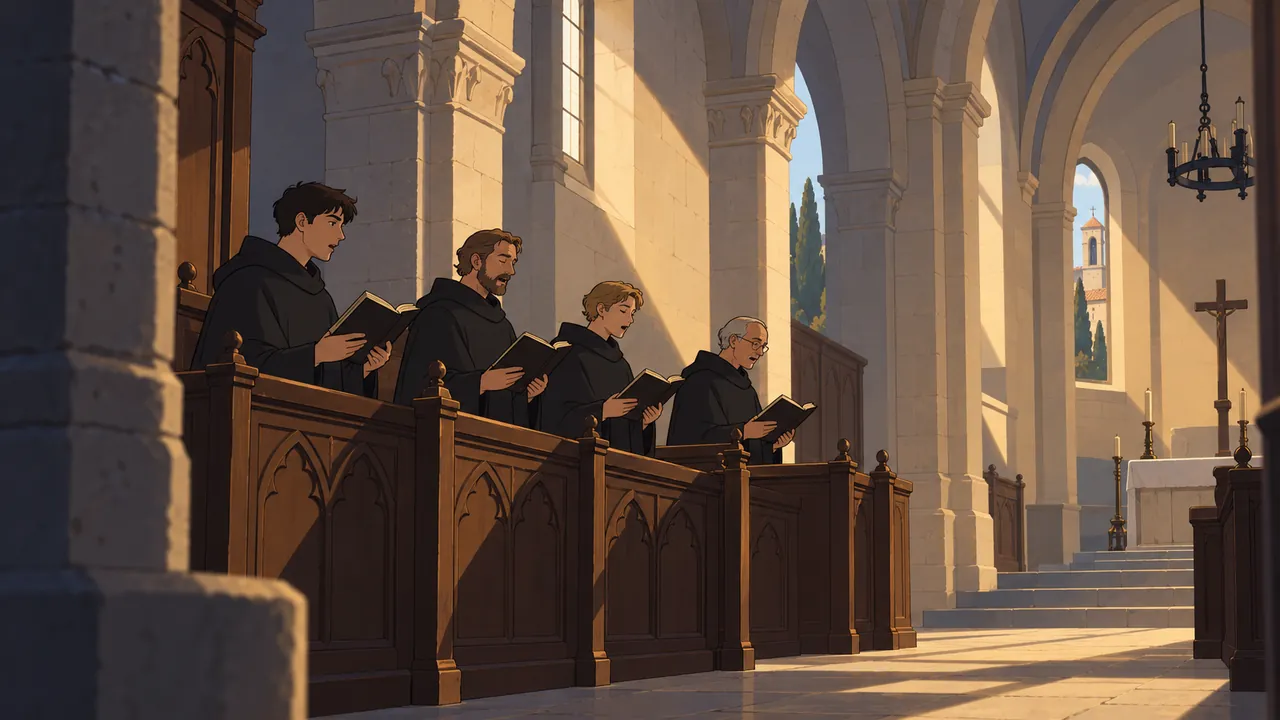 In the arcades and choir stalls of a monastery in early morning, a few singers stand still in warm sunlight, stone walls and wooden stalls forming quiet blocks of colour.