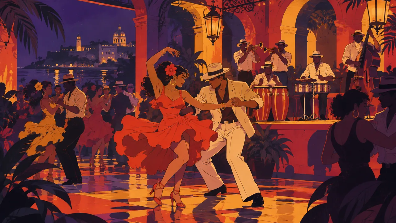 A vibrant Havana-style street dance club at night, original couples spinning, a band with congas, timbales and trumpets.
