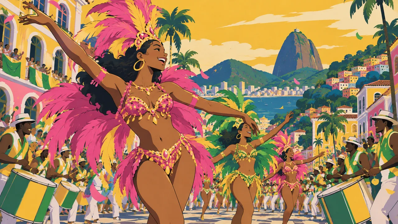 A Rio carnival street parade, original dancers in feathered costumes, drum corps, hills and colourful houses behind.