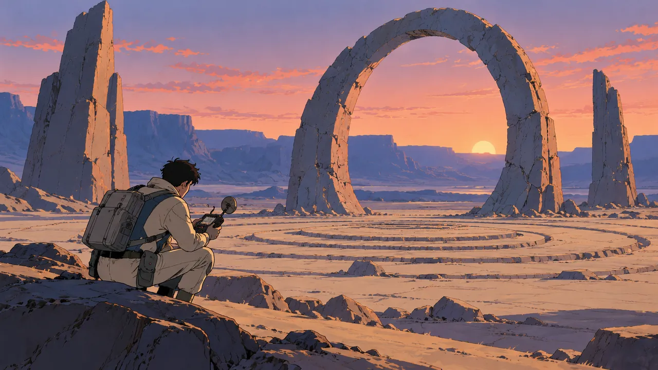 An explorer checking an instrument before an alien stone ring and rock pillars