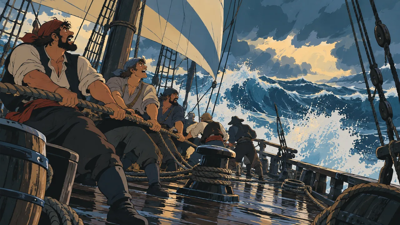 The deck of a tall ship on stormy seas, original sailors hauling ropes and singing, flat wave shapes and spray.