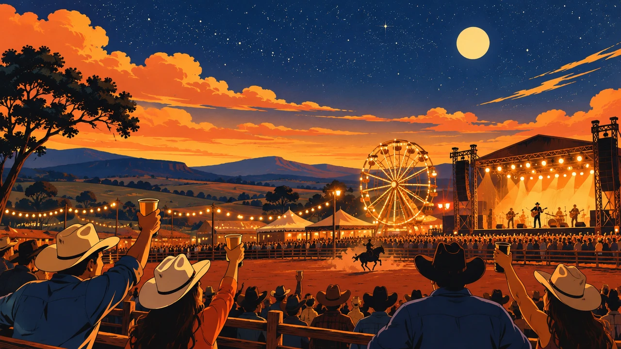 A Ferris wheel, a stage and a crowd in cowboy hats at a Brazilian rodeo festival