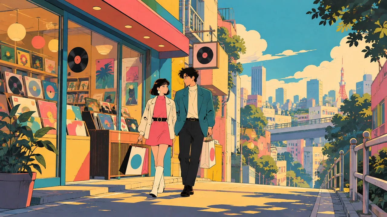 A stylish '90s Tokyo record shop street, an original couple in mod fashion with shopping bags, bright pop-art colour blocks.
