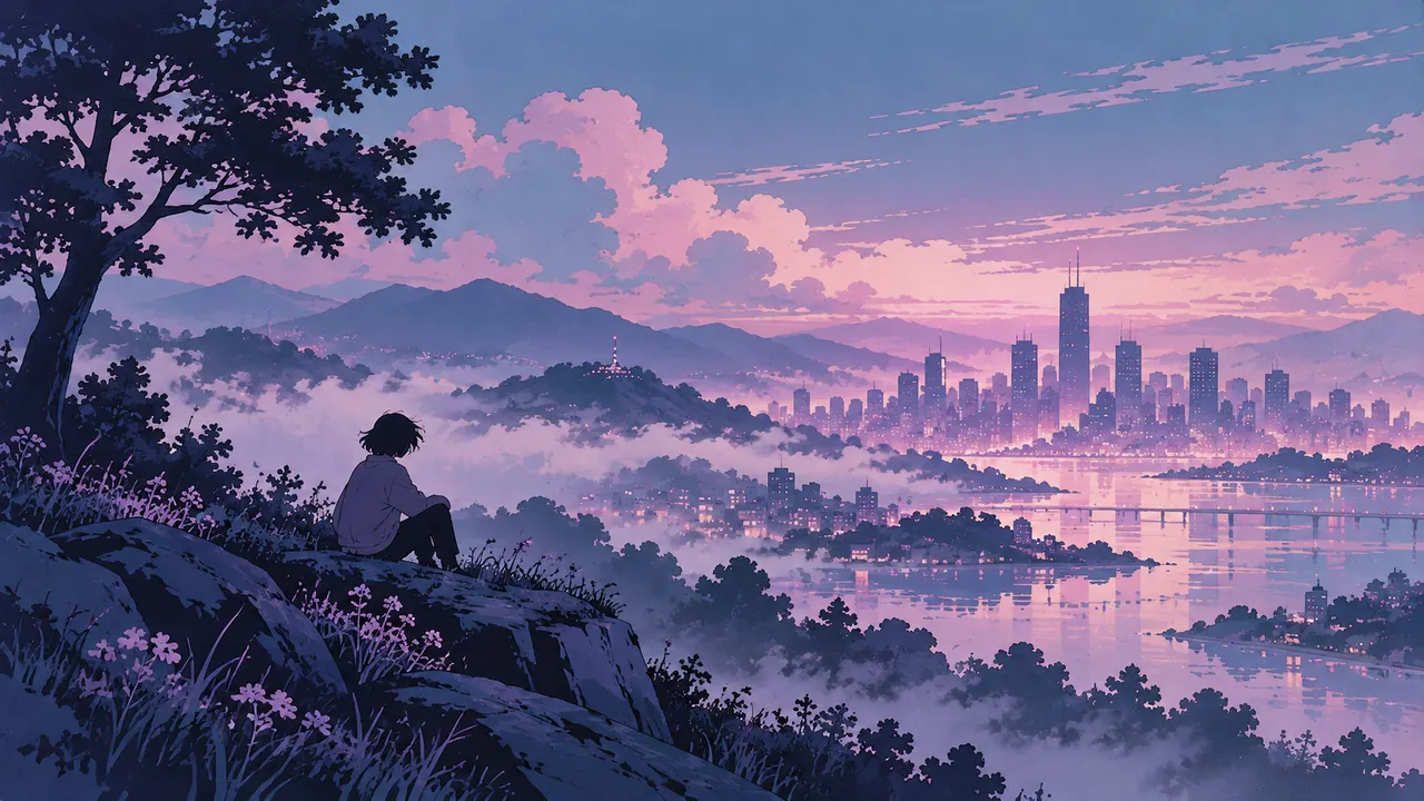 A figure dissolving into the city in pink-violet mist and lens flare